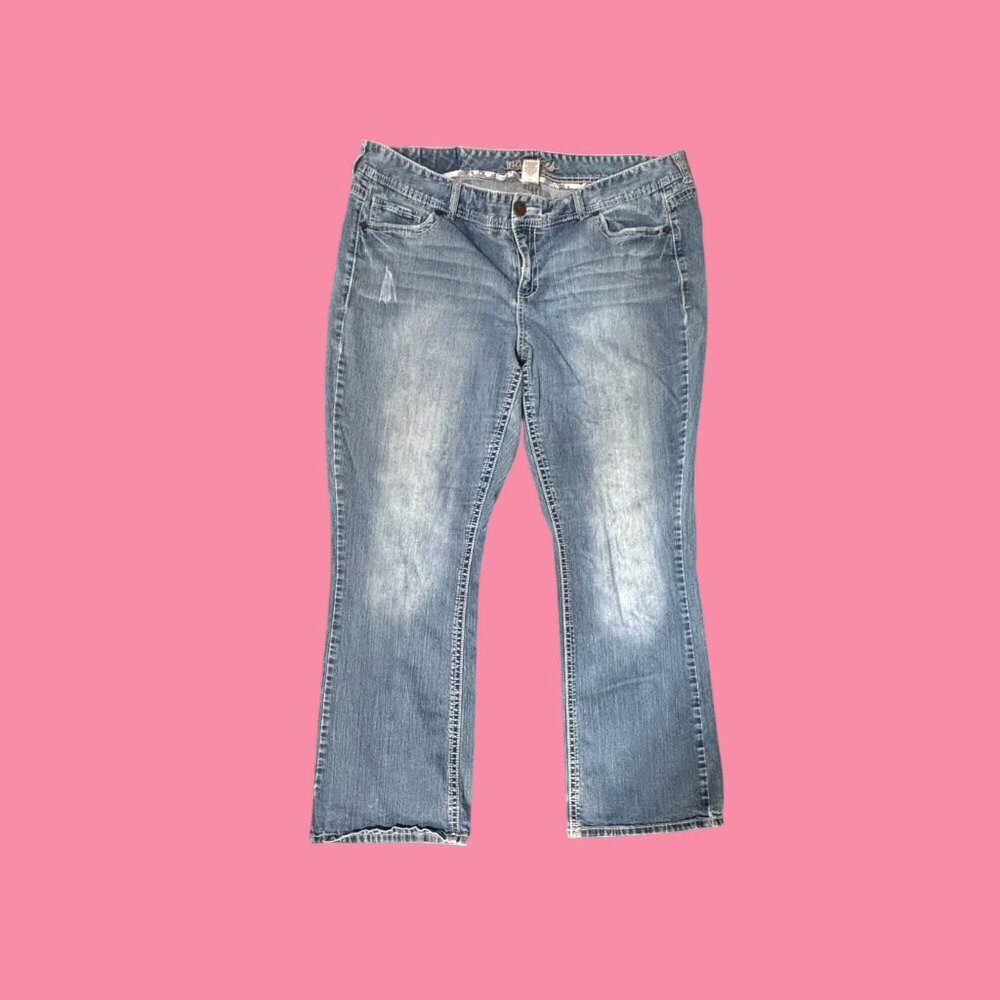 Maurices Womens Size 24 Regular Blue Distressed Bootcut Jeans With Embroidered B